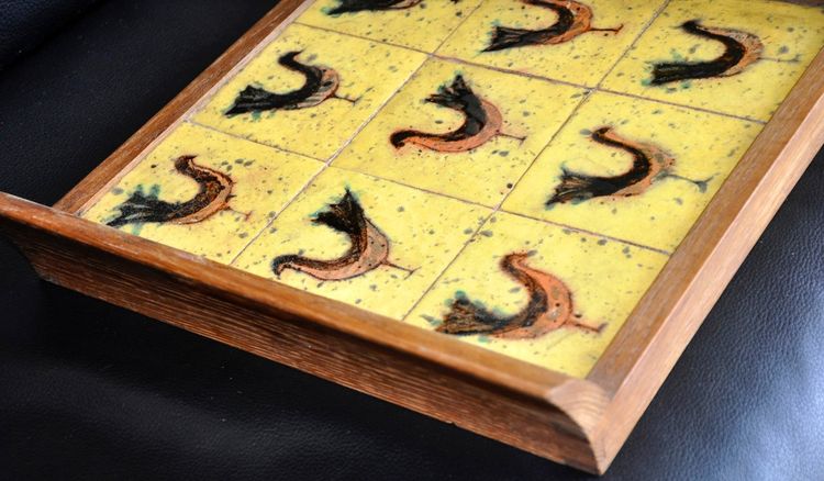 Olivier Petit: serving tray with ceramic tiles in oak frame circa 1960