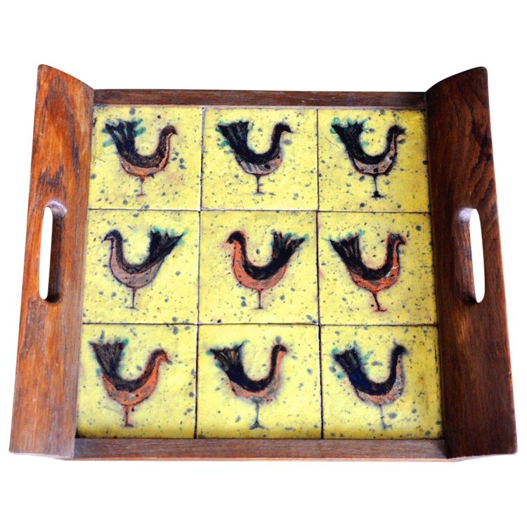 Olivier Petit: serving tray with ceramic tiles in oak frame circa 1960