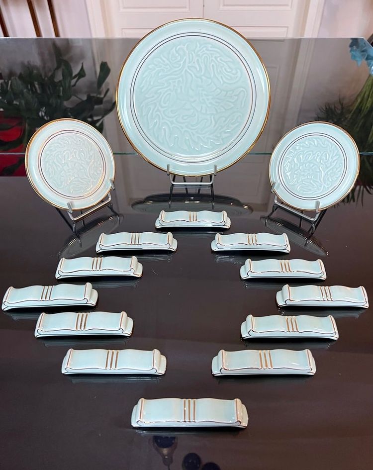 Coffret Porte-couteaux - Dessous Plat - Paire Dessous Bouteille Art Déco En Porcelaine