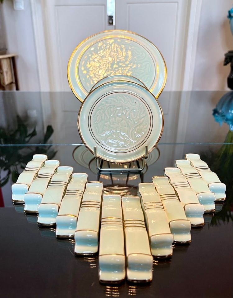 Coffret Porte-couteaux - Dessous Plat - Paire Dessous Bouteille Art Déco En Porcelaine