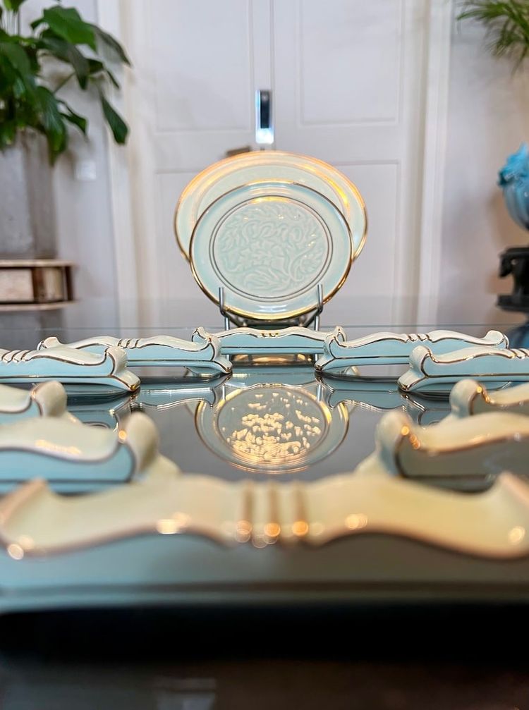 Coffret Porte-couteaux - Dessous Plat - Paire Dessous Bouteille Art Déco En Porcelaine