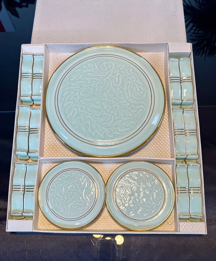 Coffret Porte-couteaux - Dessous Plat - Paire Dessous Bouteille Art Déco En Porcelaine