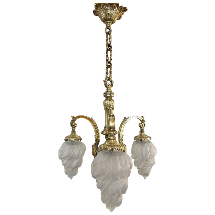 Lustre En Bronze Inspiration Louis XVI - Globes Verre Dépoli - Fin XIXe Début XXe Siècle