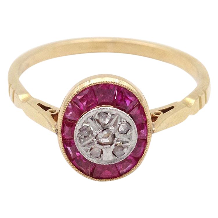 Art Deco Diamant- und Rubinring in 18 Karat Gold und Platin, ovaler Ring, Art Deco Schmuck