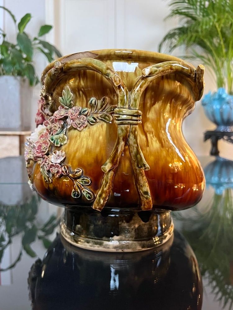 Jardinière En Barbotine Style 1900 - Cache-pot Faïence