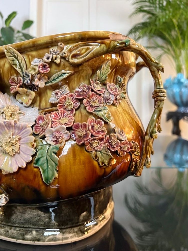 Jardinière En Barbotine Style 1900 - Cache-pot Faïence