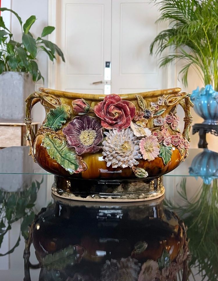 Jardinière En Barbotine Style 1900 - Cache-pot Faïence