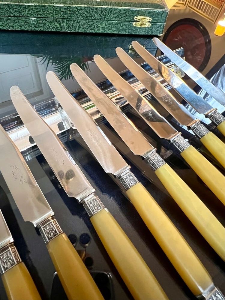 Entremet And Salad Serving Knives In Silver Horn And Metal Art Deco Service