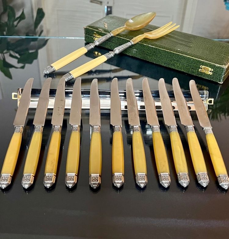 Entremet And Salad Serving Knives In Silver Horn And Metal Art Deco Service