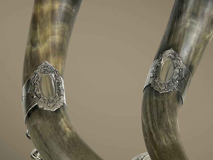 PAIR OF LIBATORY CUPS IN HORN WITH SILVER-PLATED METAL FRAME AND FOOT, 19TH CENTURY
