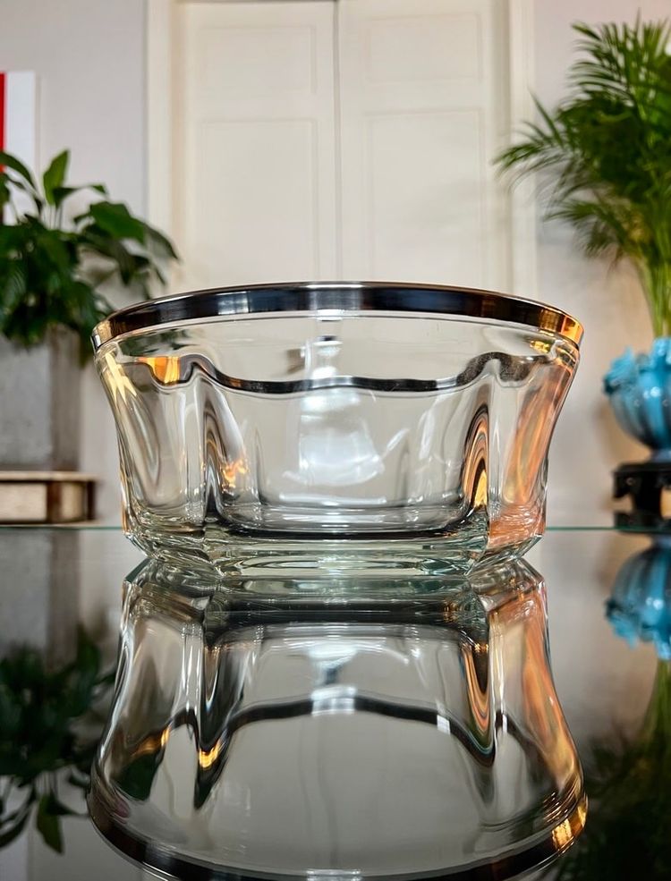 Saladier Bol De Service En Verre Et Métal Argenté - Art Déco
