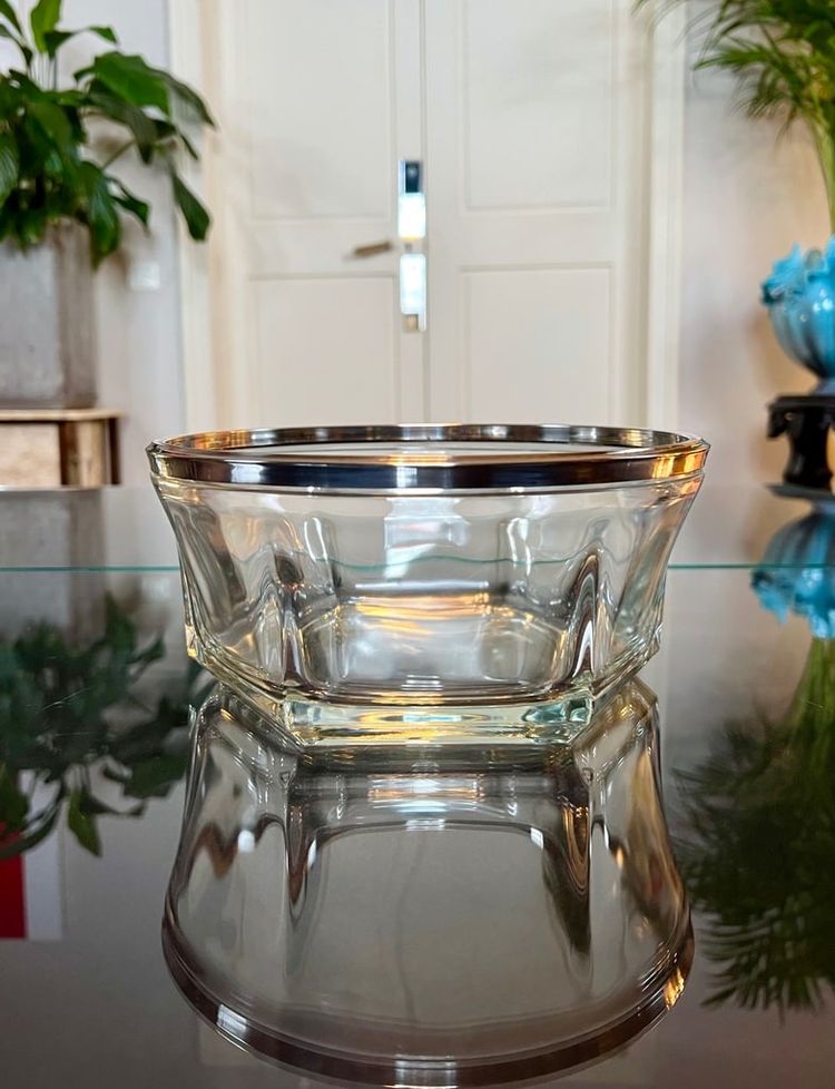 Saladier Bol De Service En Verre Et Métal Argenté - Art Déco