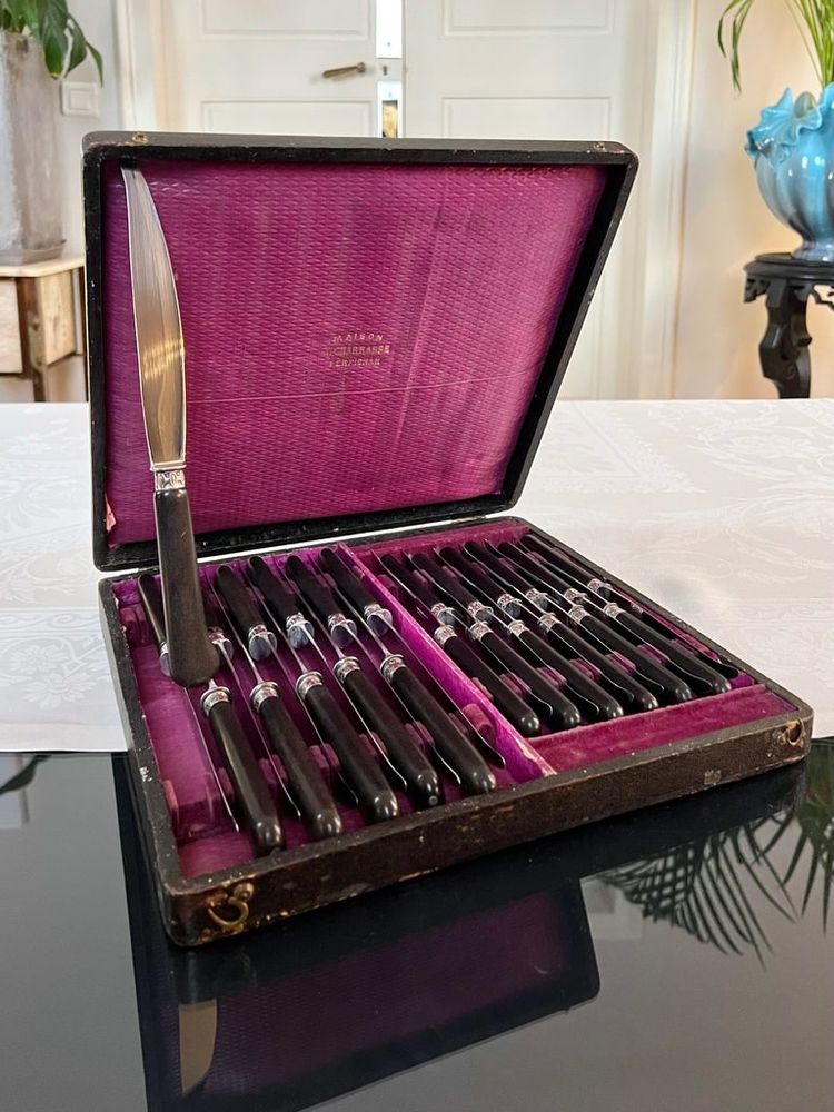 Set di 12 coltelli da tavola e 12 da dessert - Metallo argentato ebano