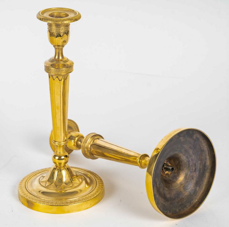 Pair of French Directoire Period Chiseled Gilt Bronze Candlesticks, Circa 1795-1799