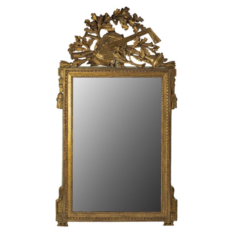 Miroir à Fronton Ajouré en Bois Sculpté et Doré d'Attributs de Musique, Époque Louis XVI