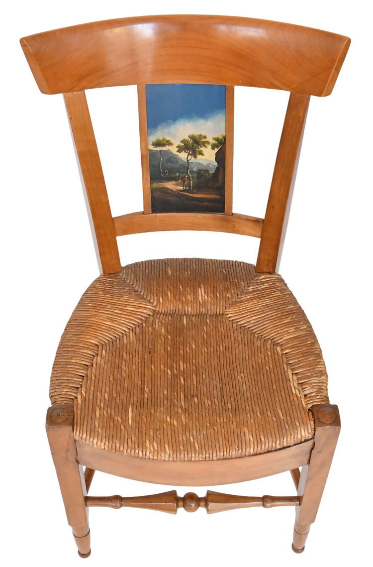 Pair of chairs with barrette backs and bands painted with animated landscapes