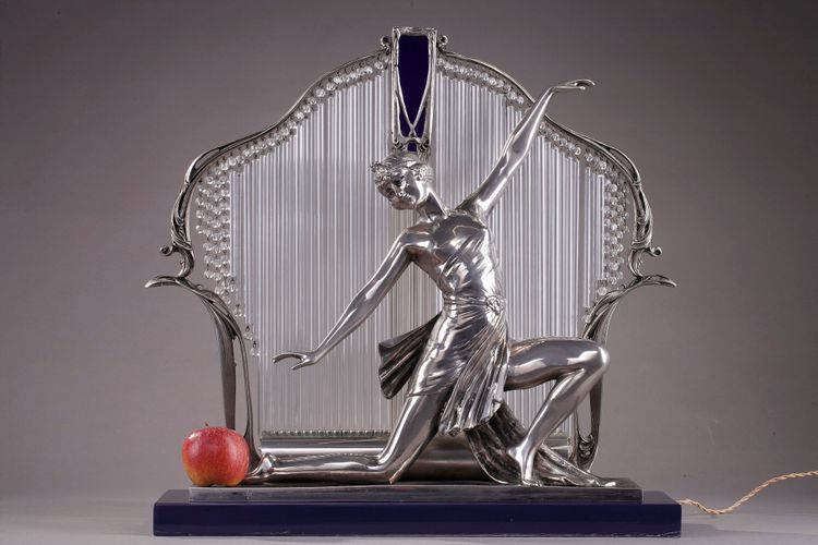 Silvered Metal and Glass Art Deco Lamp with Dancer