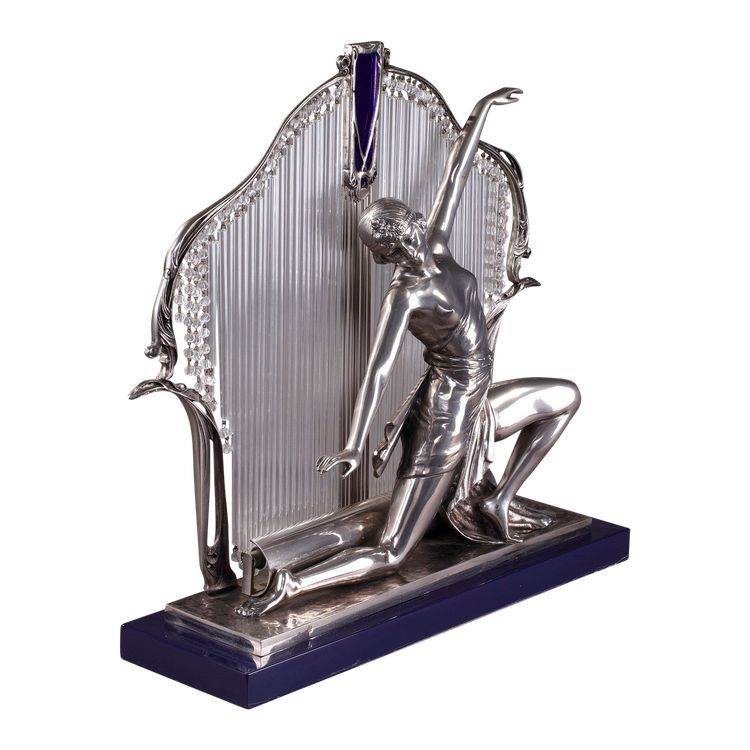 Silvered Metal and Glass Art Deco Lamp with Dancer