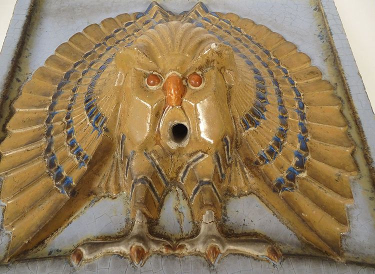 Head Plaque Wall Fountain Glazed Stoneware Owl Bird Art Deco 20th Century