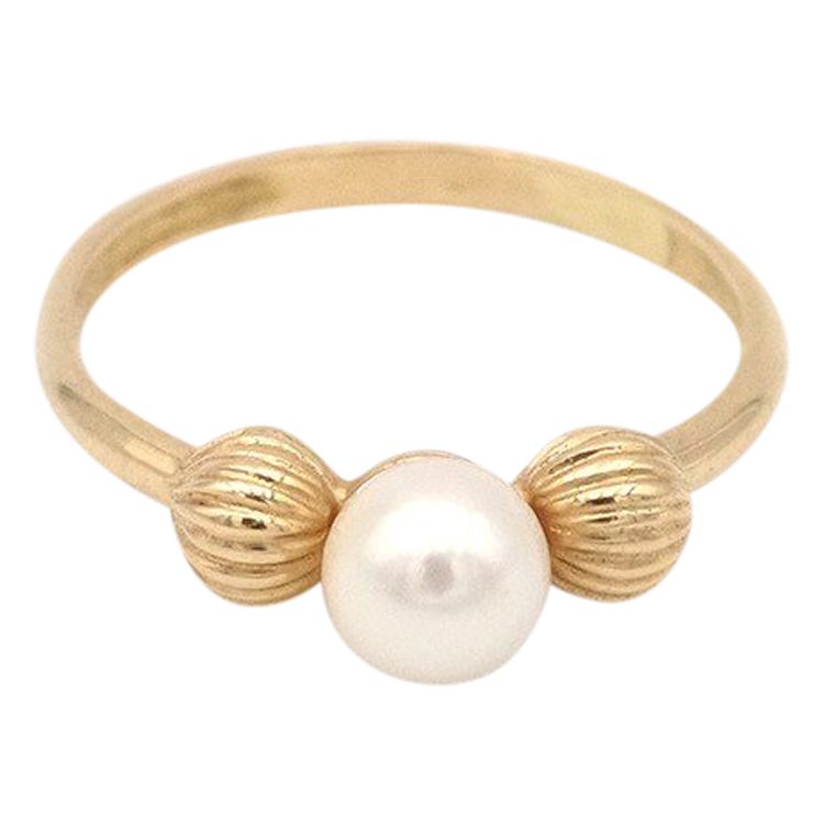 Anello con perla solitaria in oro 18k, anello vintage con perla coltivata da 5 mm, gioielli usati 
