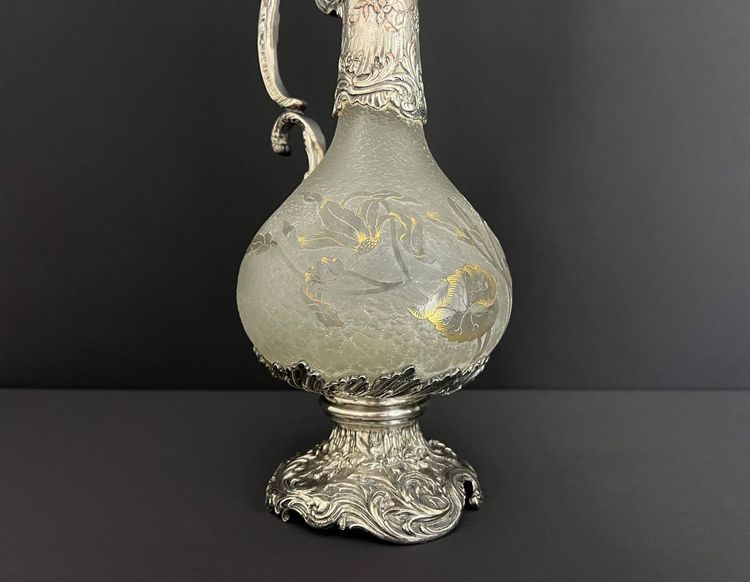 Art Nouveau ewer attributed to Daum Nancy – Silver-plated metal frame, goldsmith Gaston Potiez