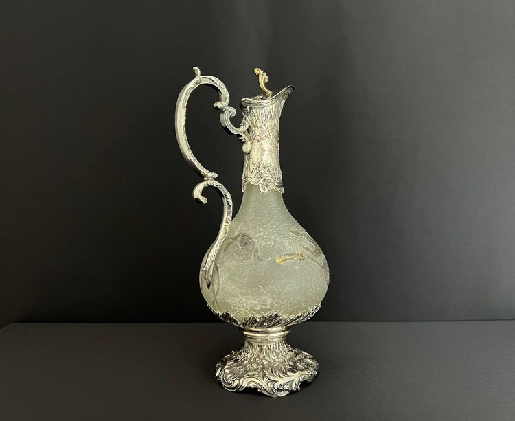 Art Nouveau ewer attributed to Daum Nancy – Silver-plated metal frame, goldsmith Gaston Potiez