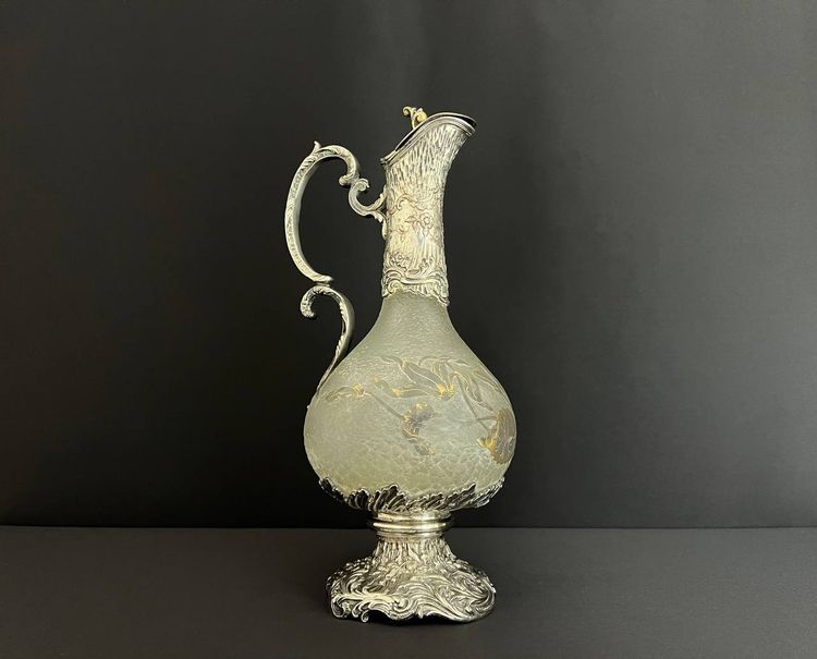 Art Nouveau ewer attributed to Daum Nancy – Silver-plated metal frame, goldsmith Gaston Potiez