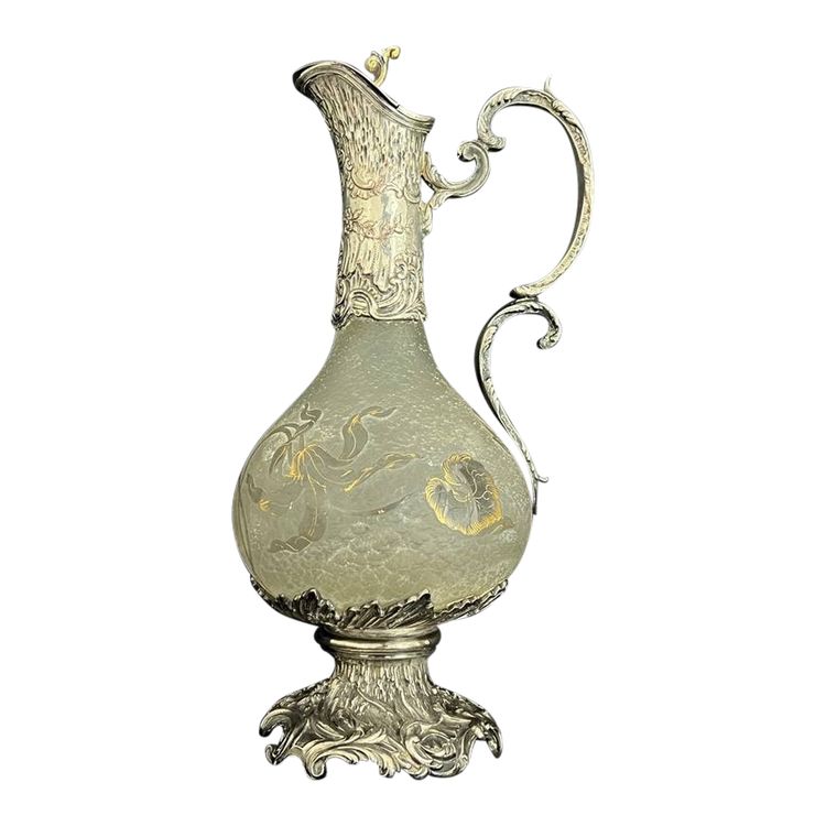 Art Nouveau ewer attributed to Daum Nancy – Silver-plated metal frame, goldsmith Gaston Potiez