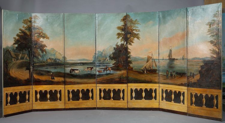 SEVEN-LEAF FOLDING SCREEN IN PAINTED CANVAS, FRENCH WORK, CIRCA 1830