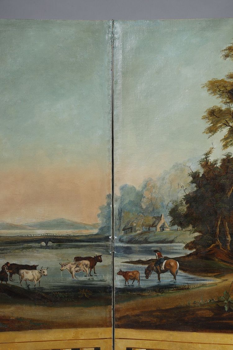 SEVEN-LEAF FOLDING SCREEN IN PAINTED CANVAS, FRENCH WORK, CIRCA 1830