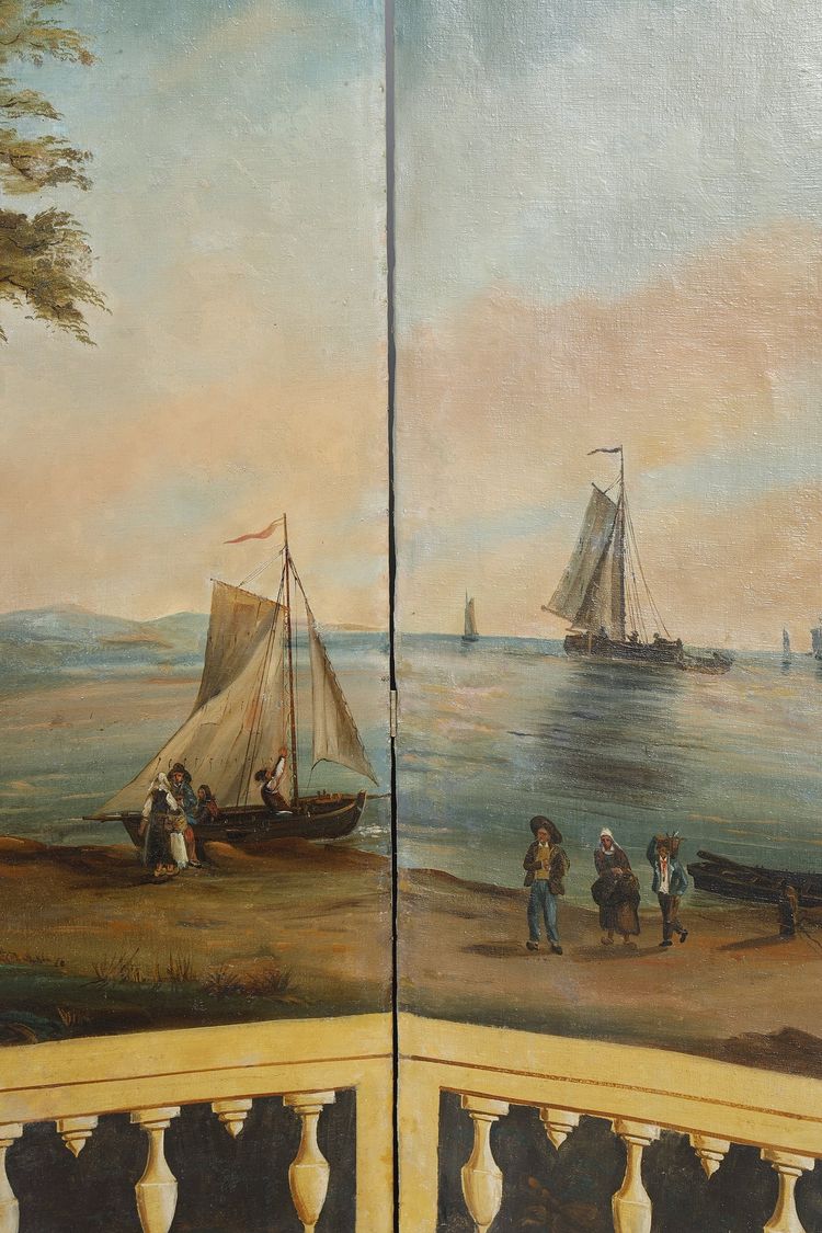SEVEN-LEAF FOLDING SCREEN IN PAINTED CANVAS, FRENCH WORK, CIRCA 1830