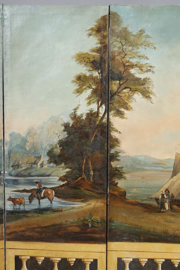 SEVEN-LEAF FOLDING SCREEN IN PAINTED CANVAS, FRENCH WORK, CIRCA 1830