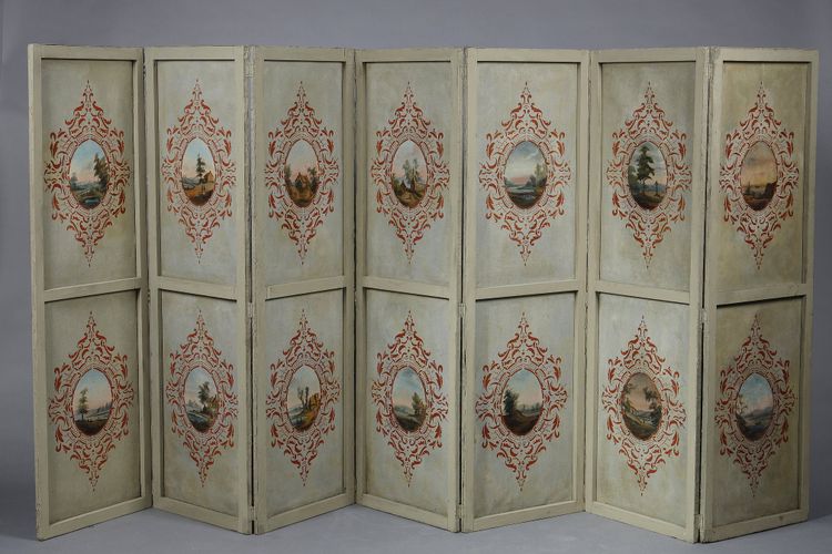 SEVEN-LEAF FOLDING SCREEN IN PAINTED CANVAS, FRENCH WORK, CIRCA 1830