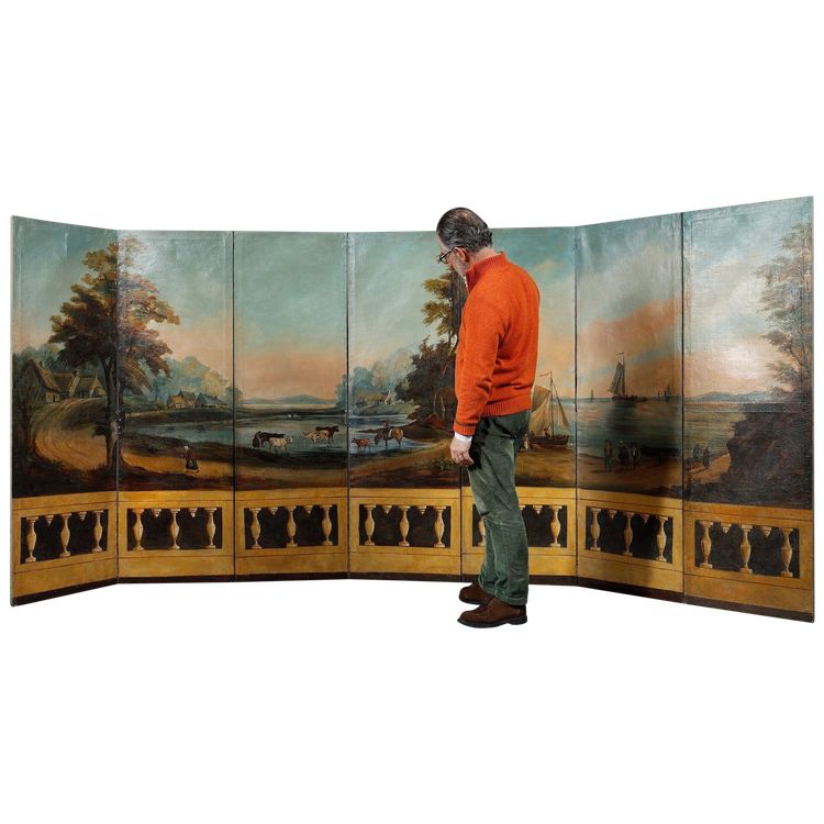 SEVEN-LEAF FOLDING SCREEN IN PAINTED CANVAS, FRENCH WORK, CIRCA 1830