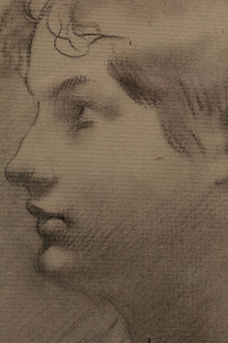 Dessin au fusain 'Portrait de femme de profil' signé Antonin Mercié (1845-1916)