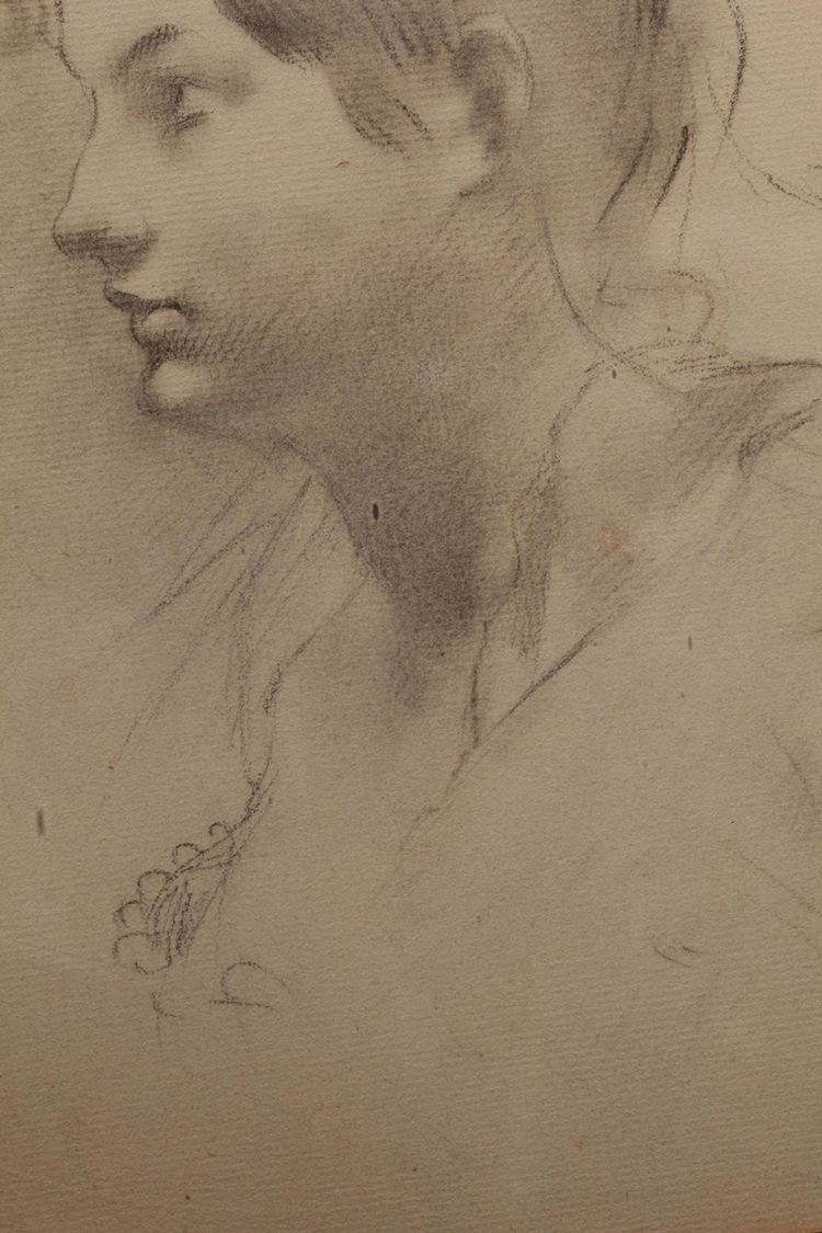Dessin au fusain 'Portrait de femme de profil' signé Antonin Mercié (1845-1916)