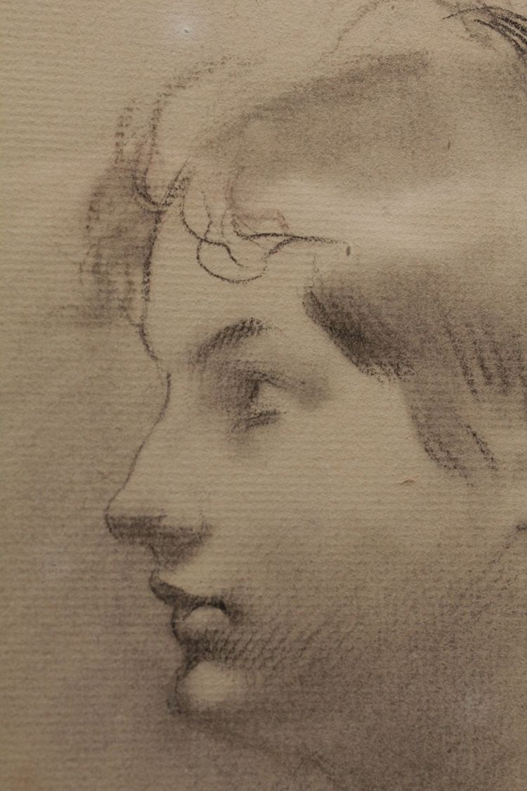 Dessin au fusain 'Portrait de femme de profil' signé Antonin Mercié (1845-1916)