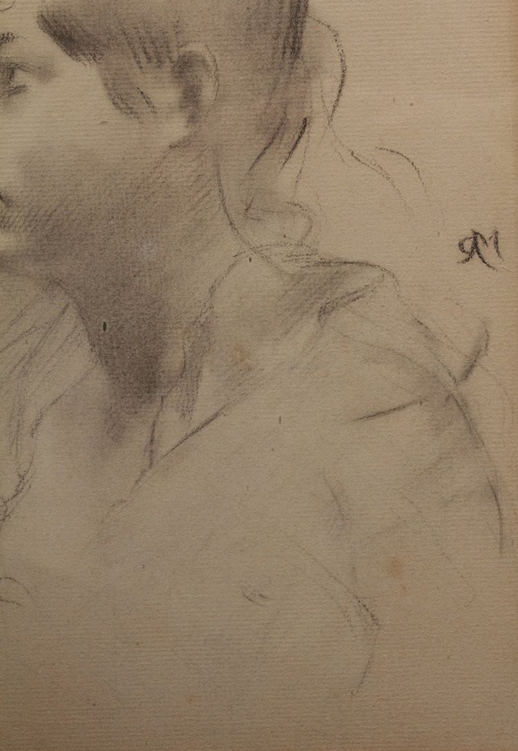 Dessin au fusain 'Portrait de femme de profil' signé Antonin Mercié (1845-1916)