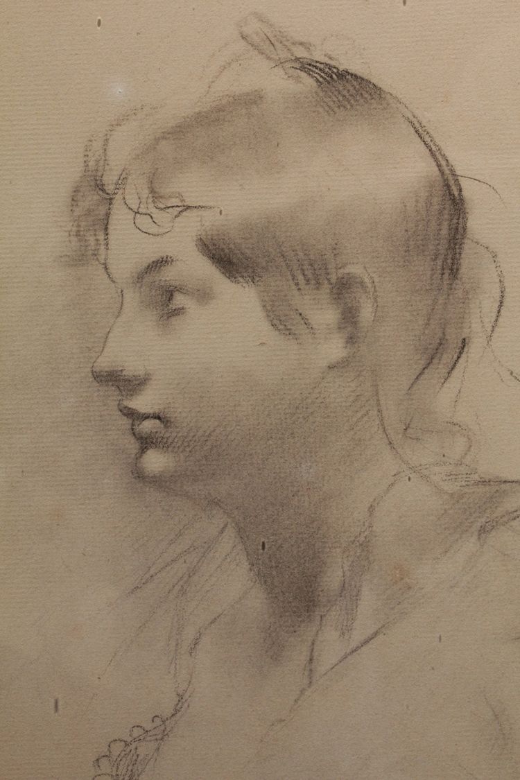 Dessin au fusain 'Portrait de femme de profil' signé Antonin Mercié (1845-1916)