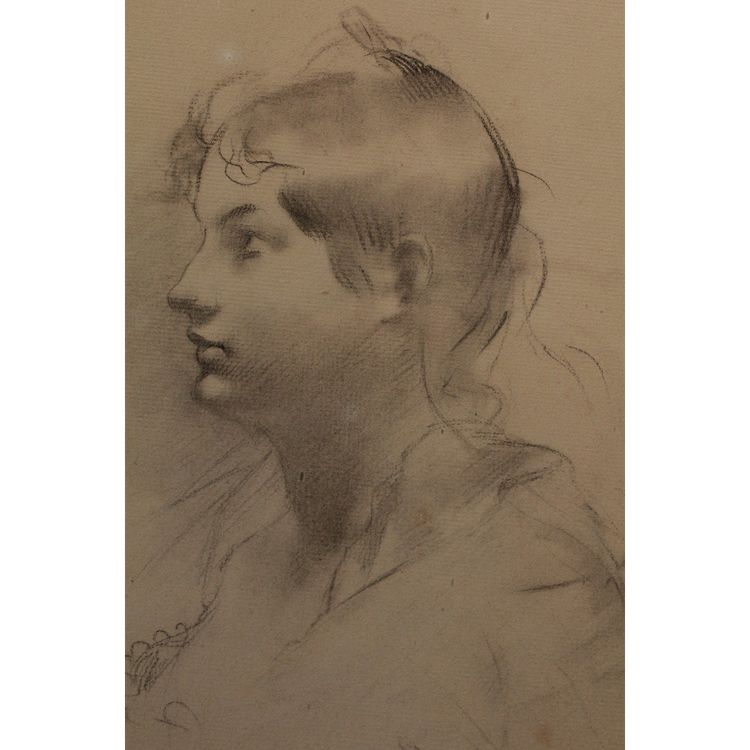 Dessin au fusain 'Portrait de femme de profil' signé Antonin Mercié (1845-1916)