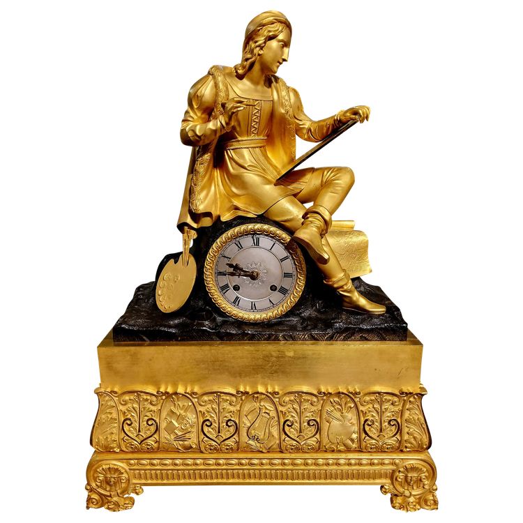 Clock with the "Painter Raphael" in gilded and patinated bronzes Restoration period 19th century