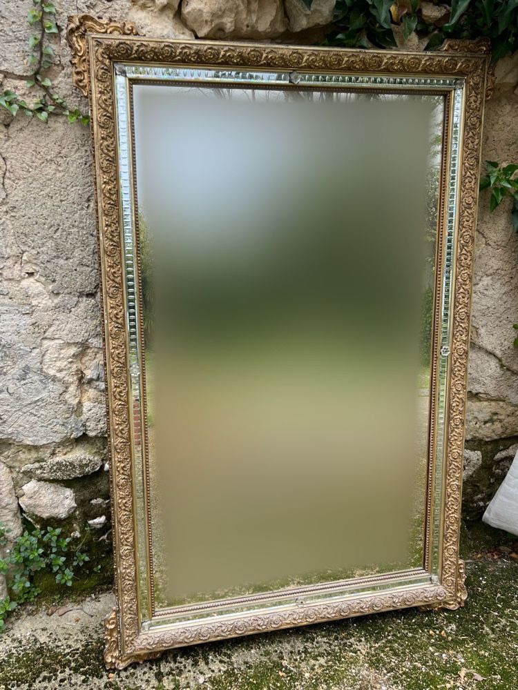 Miroir 1900 bois stuqué et doré, 179,5x119cm