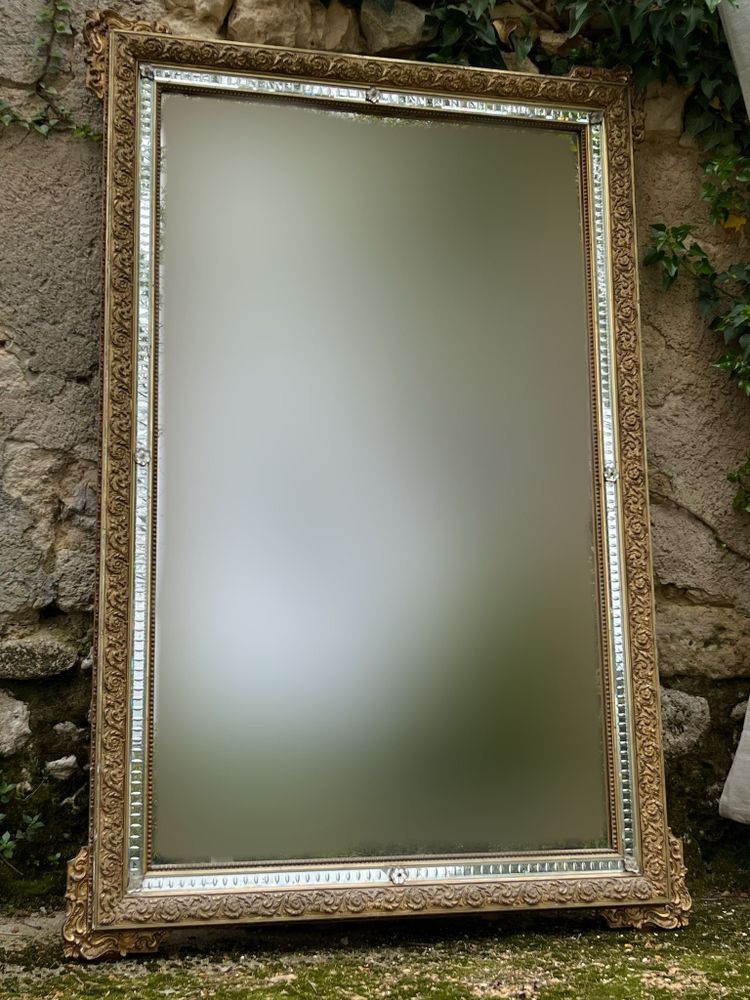 Miroir 1900 bois stuqué et doré, 179,5x119cm
