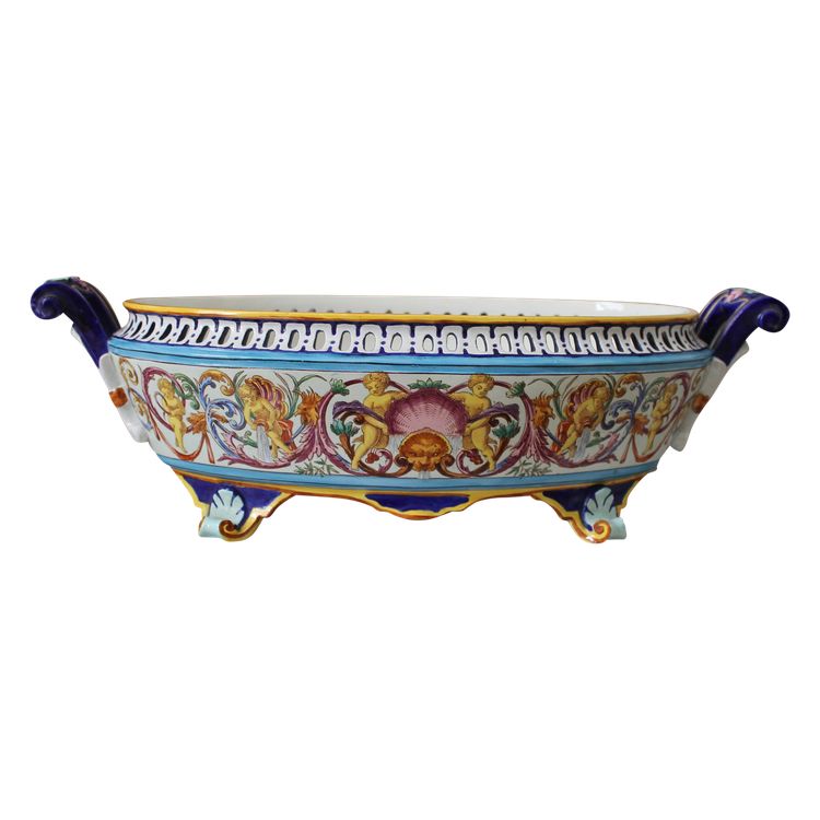 Fine Bordeaux earthenware planter with polychrome decoration of putti, 19th century Jules Vieillard