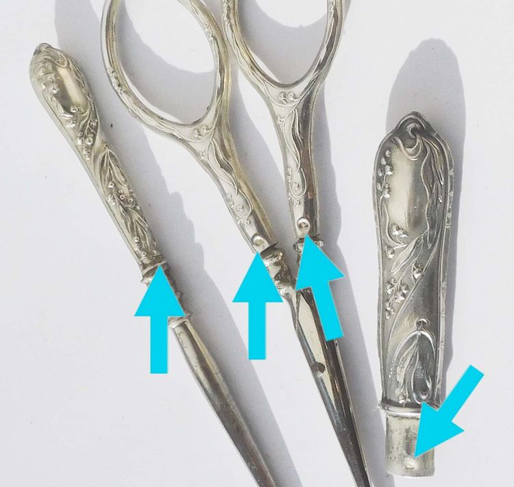Mimosa ART NOUVEAU silver sewing kit, early 20th century, scissors, thimble, needle case