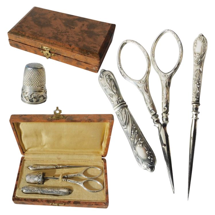 Mimosa ART NOUVEAU silver sewing kit, early 20th century, scissors, thimble, needle case