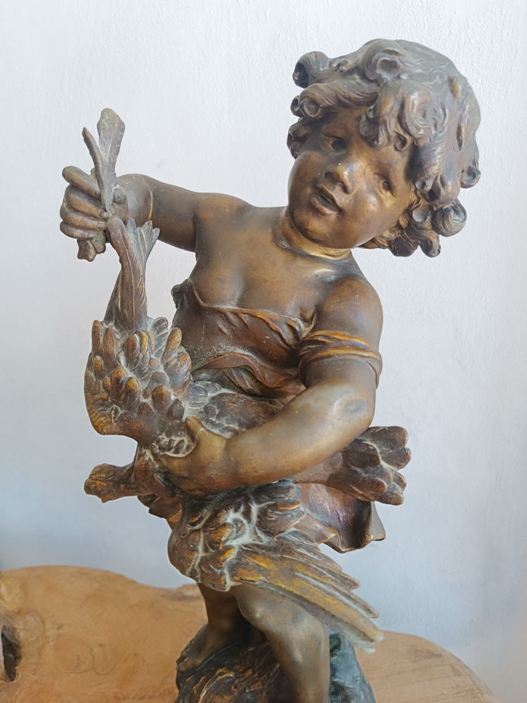 Auguste MOREAU Scultura Spelter "Il bambino con l'anatra" Medaglia d'oro