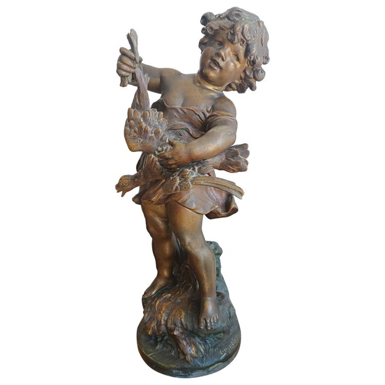 Auguste MOREAU Scultura Spelter "Il bambino con l'anatra" Medaglia d'oro