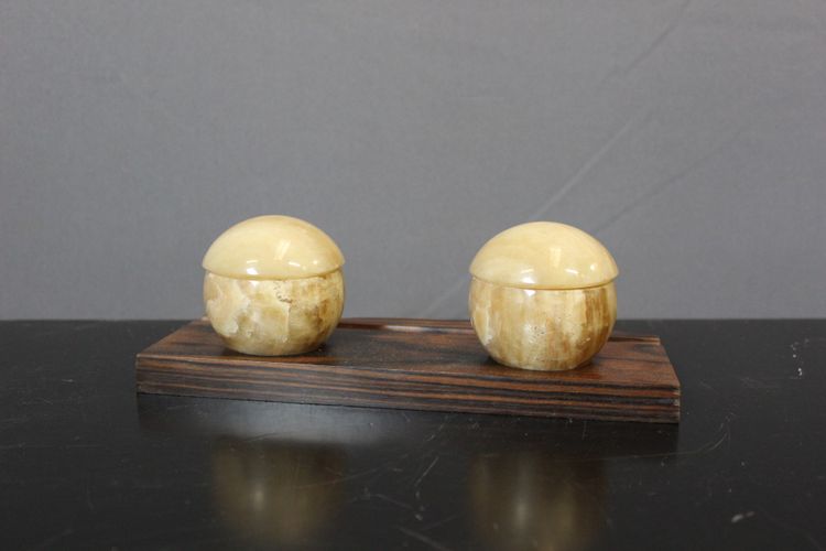 Art Deco Makassar Ebenholz Tintenfass und Stempel