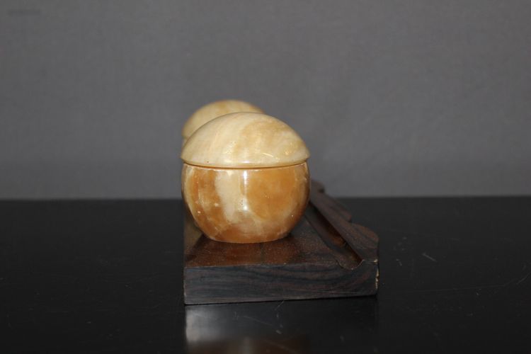 Art Deco Makassar Ebenholz Tintenfass und Stempel